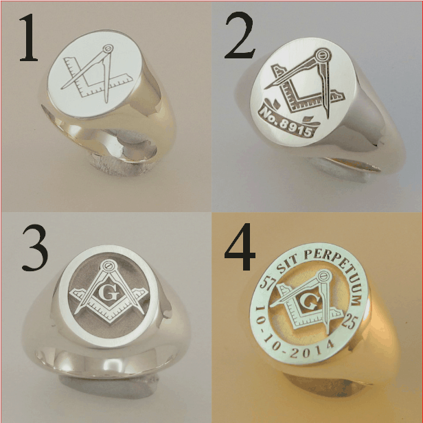Assorted Masonic symbols engraved signet rings