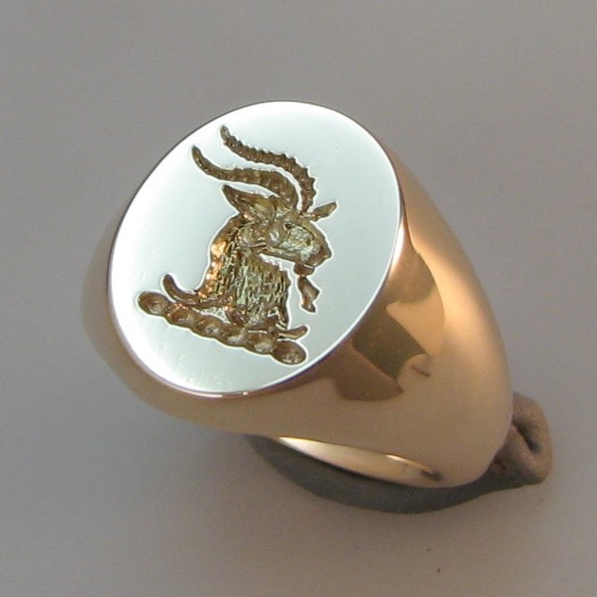 Goats head crest engraved signet ring