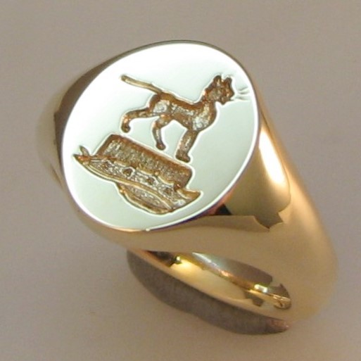 Sphynx cat on a hat crest engraved signet ring
