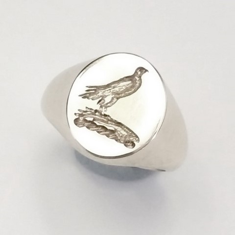 Falcon on gauntlet crest seal engraved sterling silver 925 signet ring