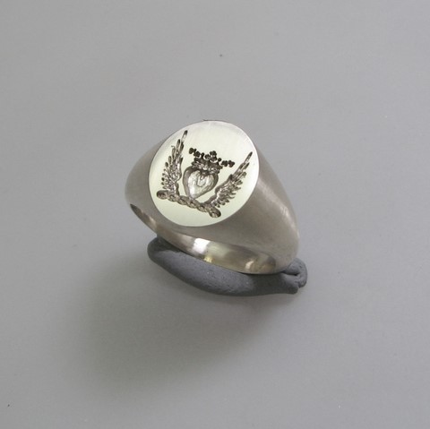 Angel wings heart and crown  crest engraved signet ring