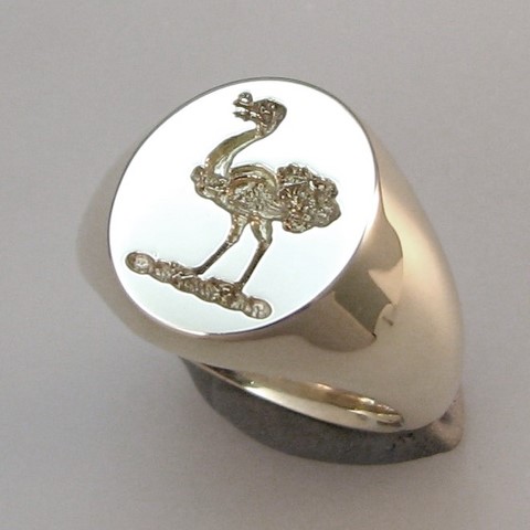 Ostrich with worm crest seal engraved sterling silver 925 signet ring